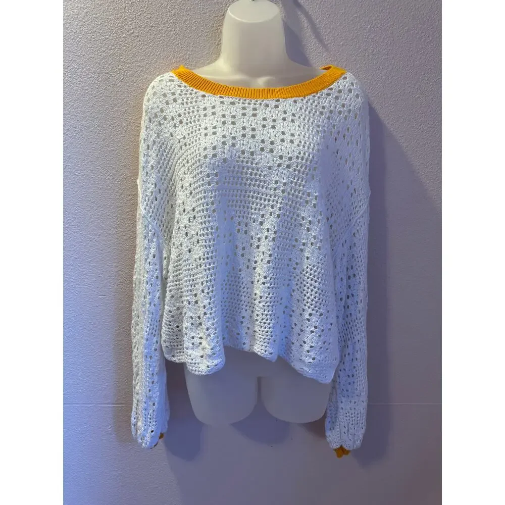 Free People Home Run Crochet Sweater White Yellow Boho Cotton M